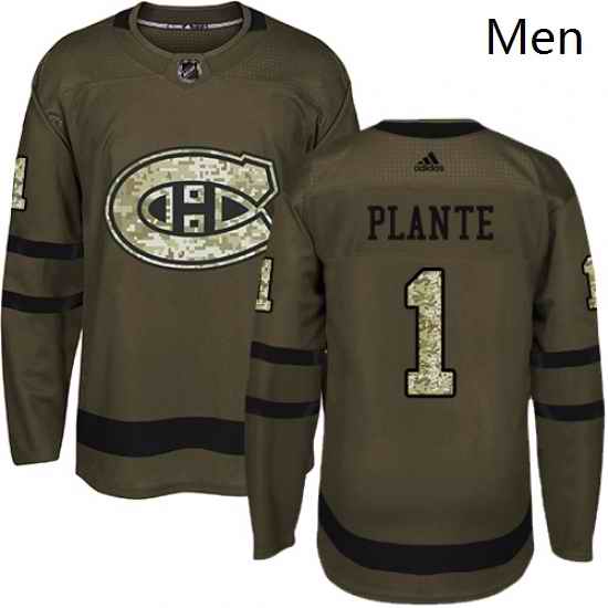 Mens Adidas Montreal Canadiens 1 Jacques Plante Premier Green Salute to Service NHL Jersey